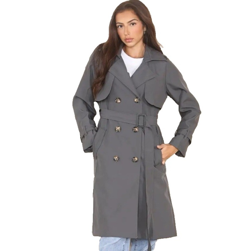 Katch Me Women's L Notch Lapel Double Breasted‎ Belt Trench Coat Gray NEW